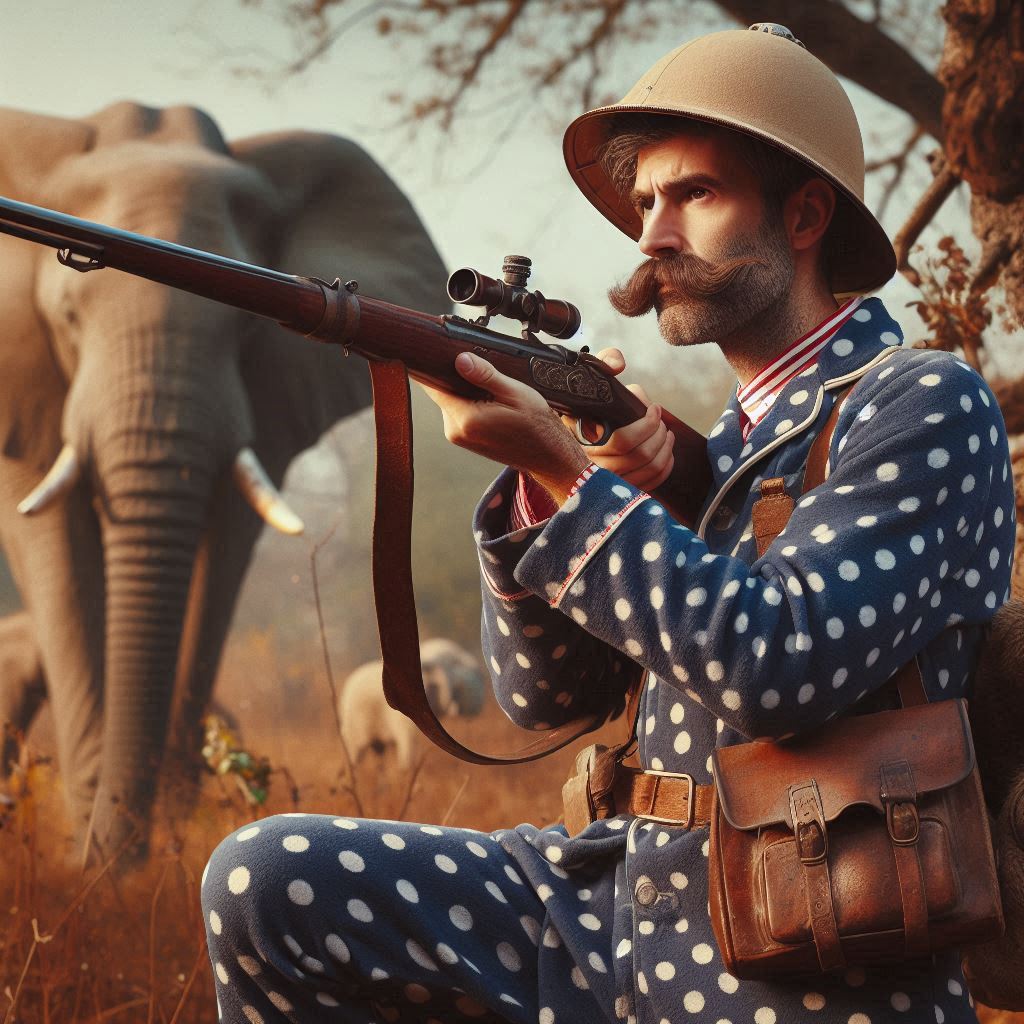 A man hunting an elephant while wearing pajamas. Created by Microsoft Designer AI