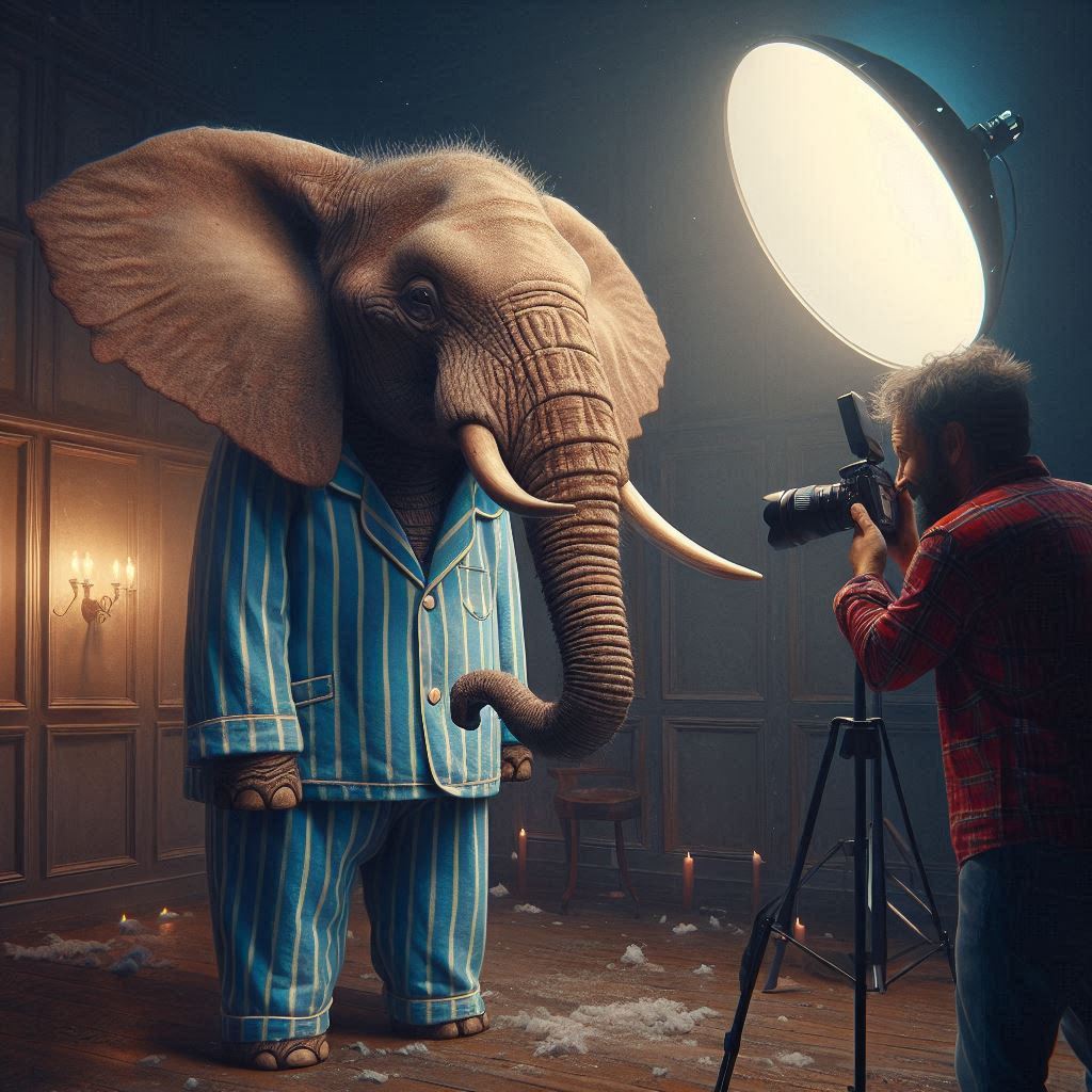A man taking a picture of an elephant who is wearing pajamas. Created by Microsoft Designer AI