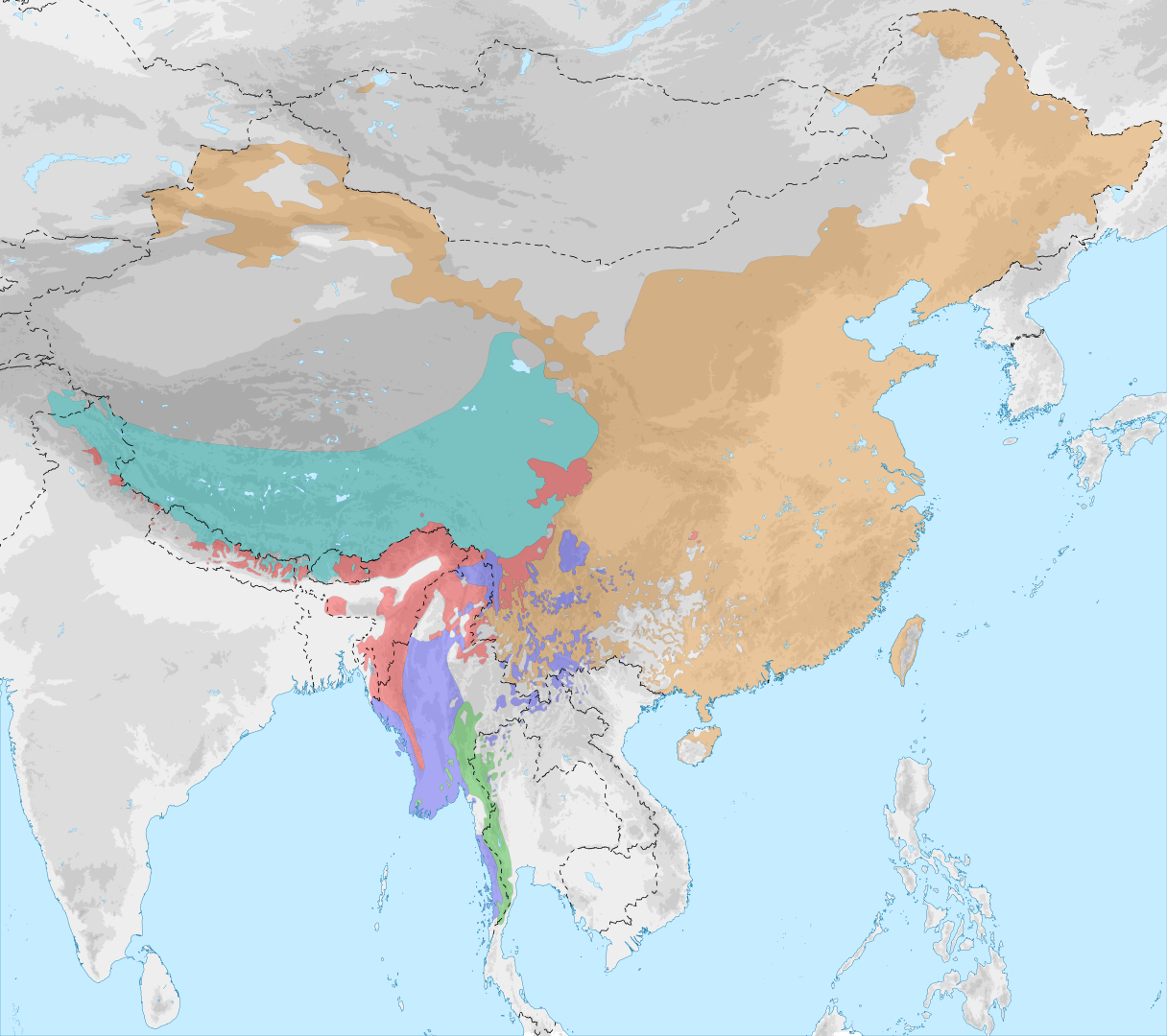Distribution of major Sino-Tibetan language groups. Kanguole, Wikimedia Commons